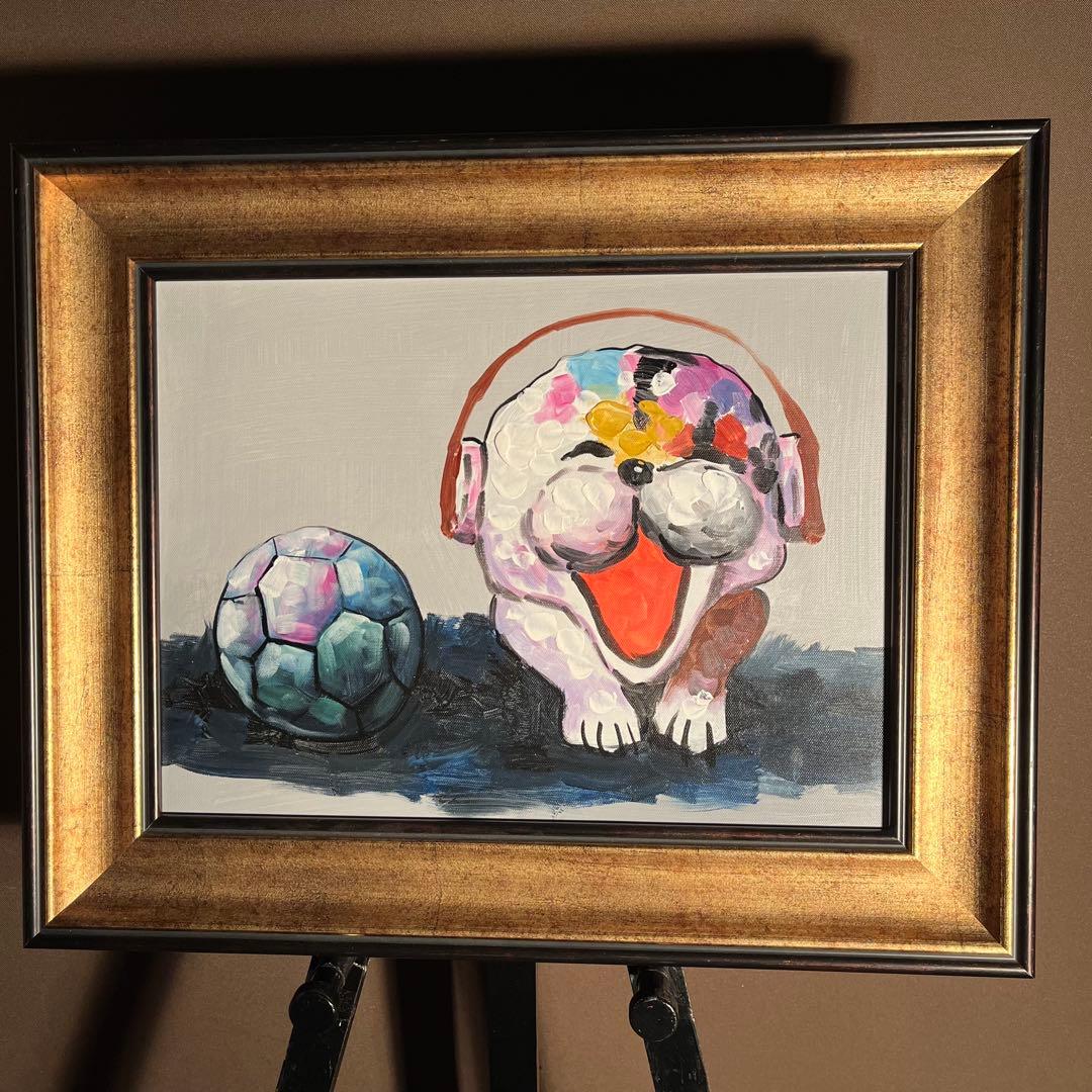 手書き油絵 フットドッグ 額付 絵画 インテリア 油彩画