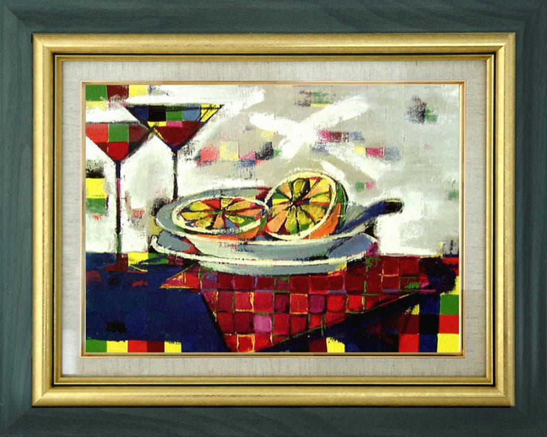油絵 菅家令子 絵 絵画インテリア額付(白)uF6-061703フルーツグラス