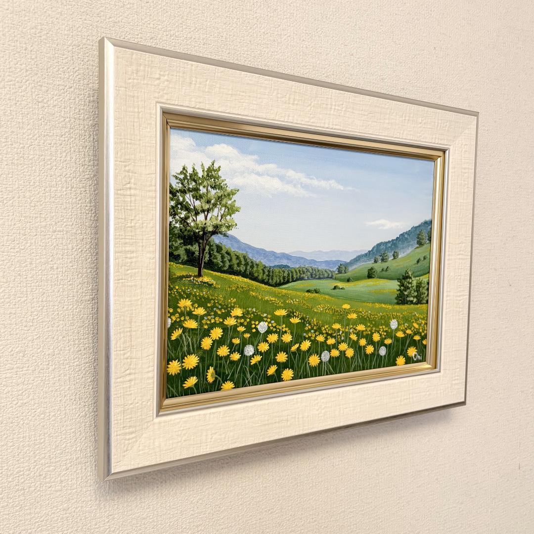 アクリル画　原画　「野花の咲く高原01」額縁付　F4サイズ　キャンバス