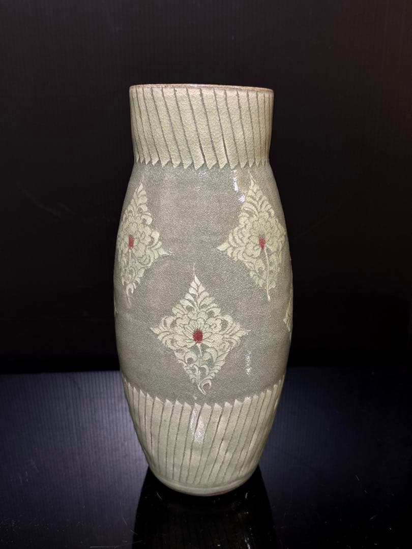 大型 雅山窯 中島正雄 造 高麗青磁 花入 花瓶 共箱付 約30cm
