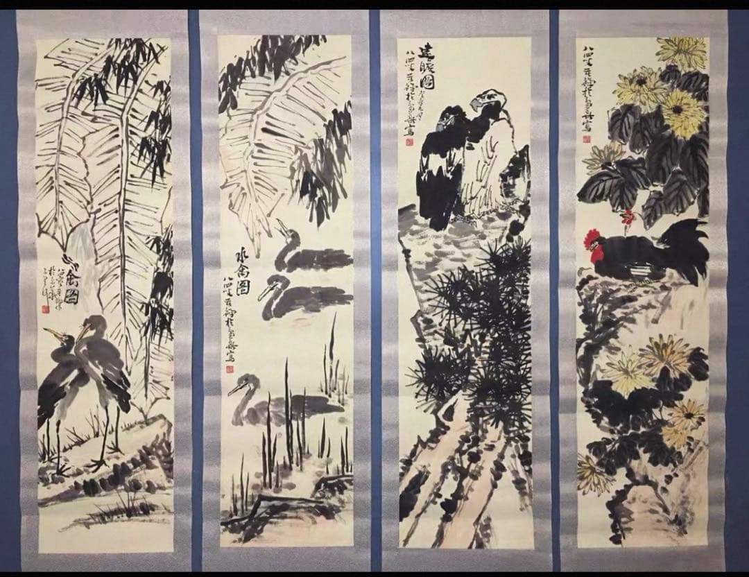 【四条屏掛軸】李苦禅 花鳥画セット　宣紙／鑑賞用作品　和室・客間装飾に最適