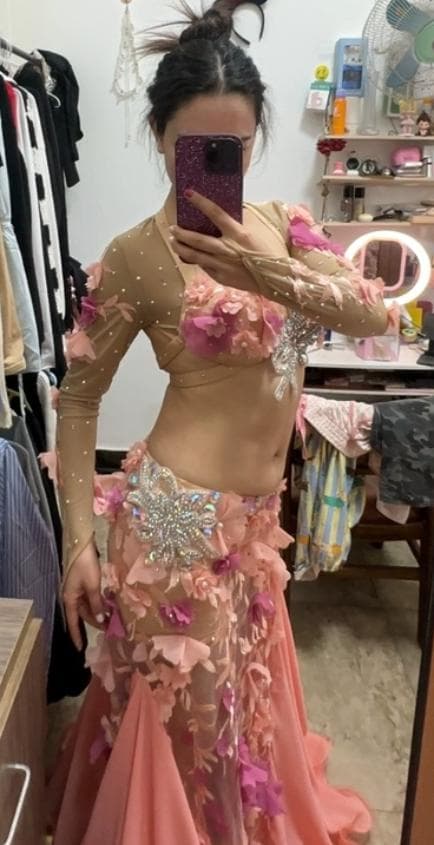 ベリーダンス衣装 ブラスカートセット オレンジ系 花 オーダーメイド