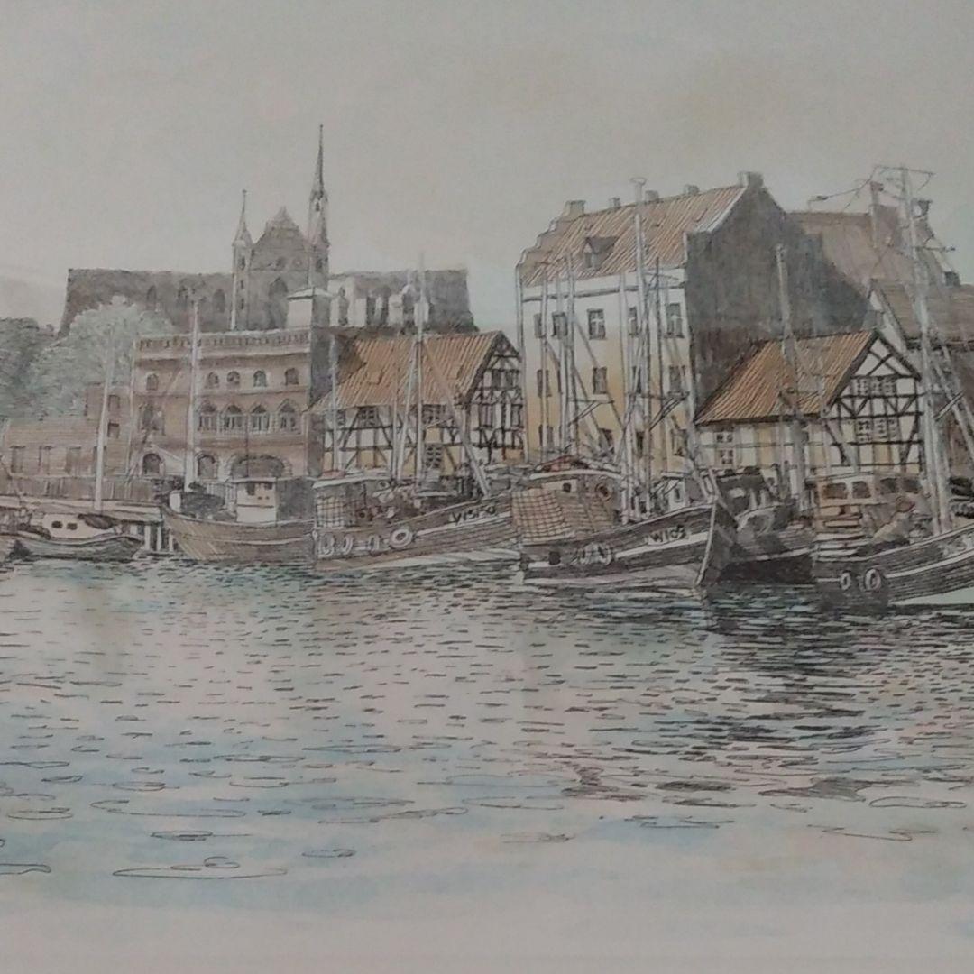 値引き中、織田義郎 絵画 94／100 ドイツ ビスマールの港 インテリア