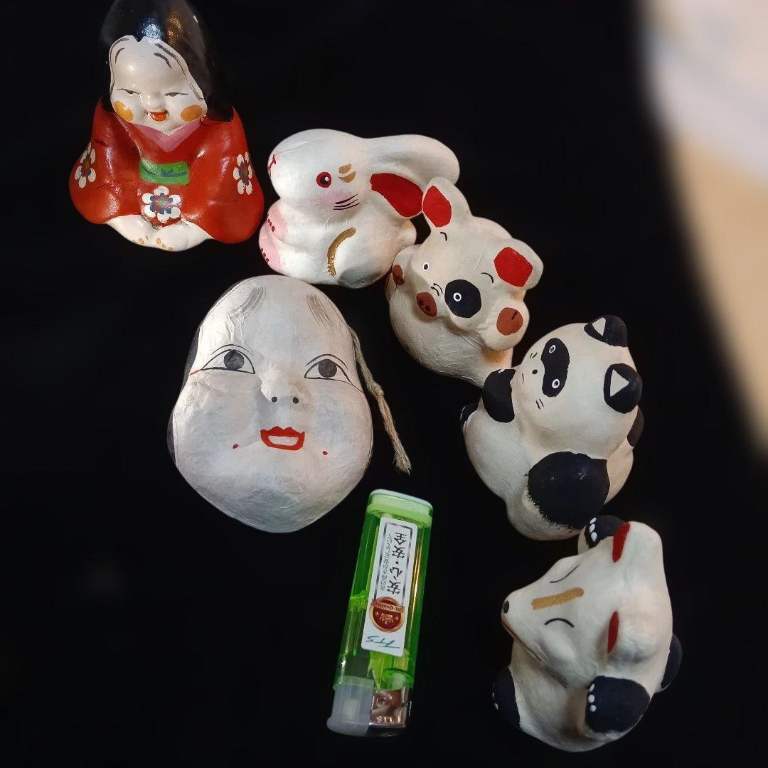 167.郷土玩具 陶器製人形とお張子、兎、豚、狸、狐、極小品
