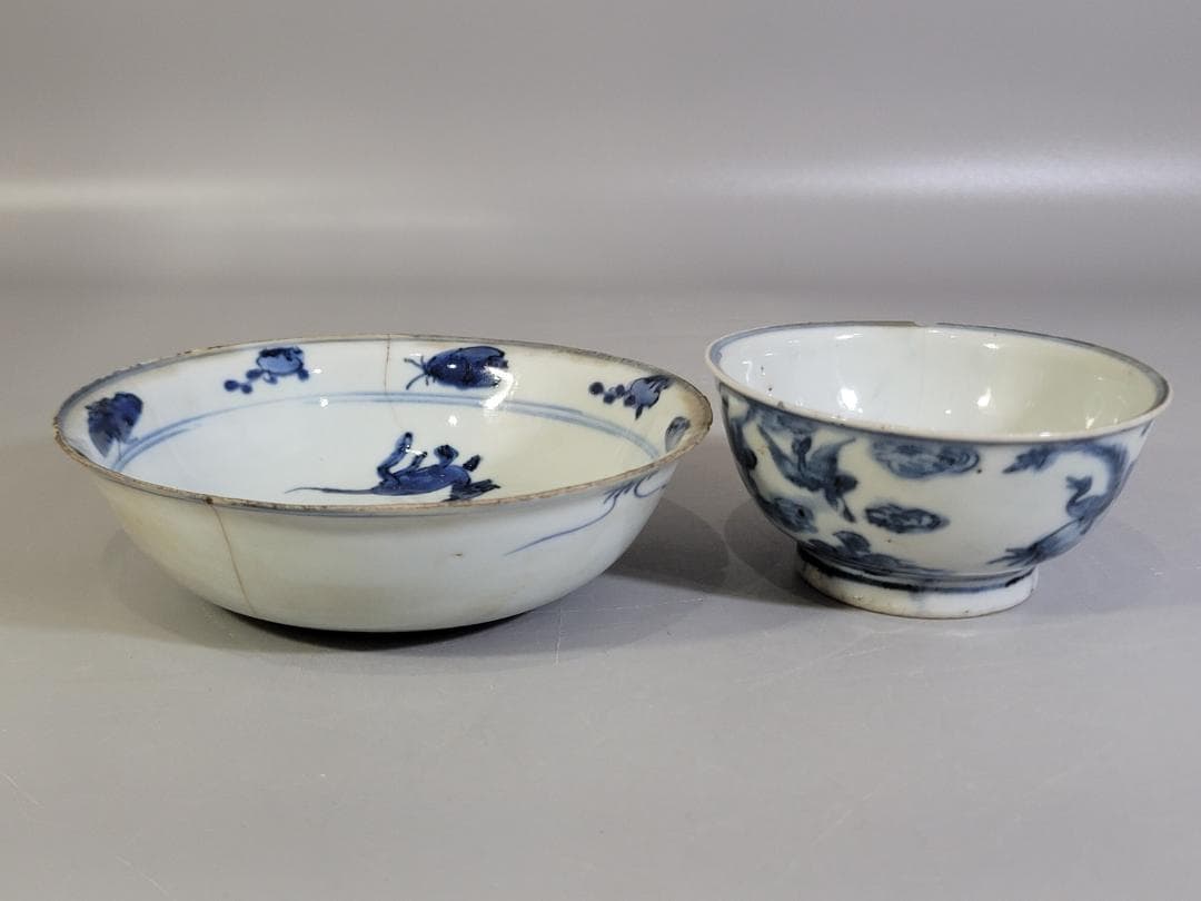 中国 古染付 水鳥 碗 馬絵 皿 二件 古美術 DT249