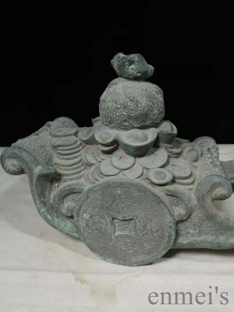 中国古美術 銅製 風水置物 牛拉元宝 開運 招財 五行財神 風水銅器 吉祥置物