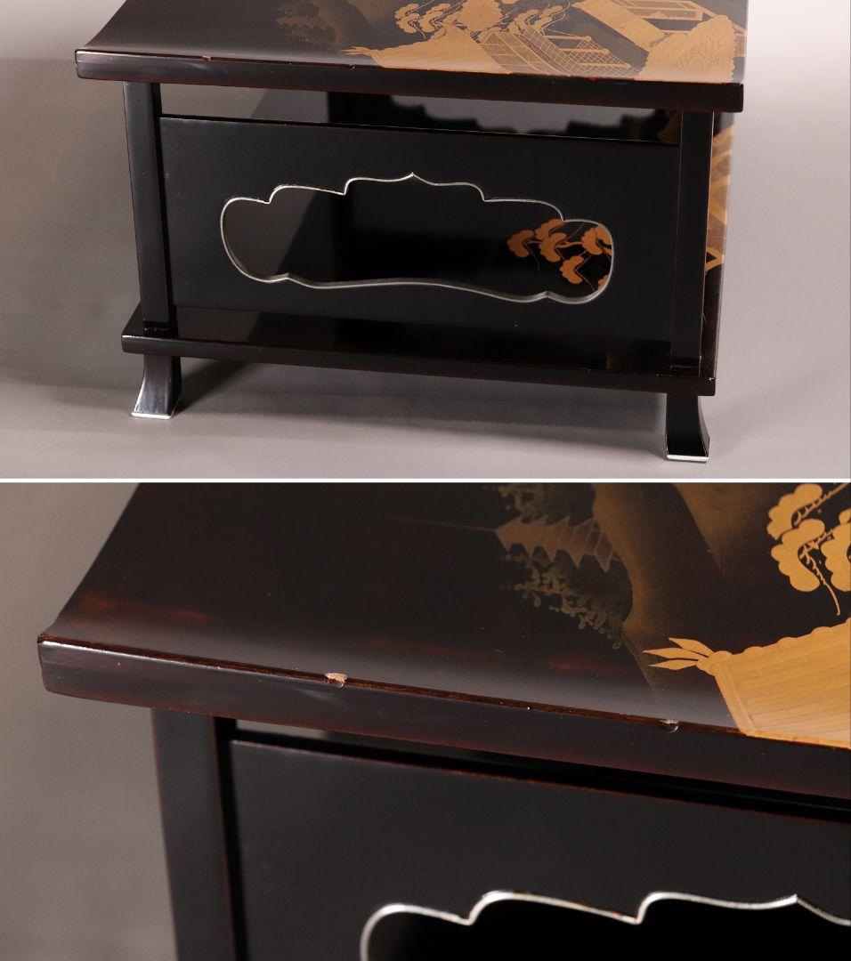 輪島塗 蒔絵師 久世宗春 山水金蒔絵 冠卓 二段卓 花台 黒塗【MA189】