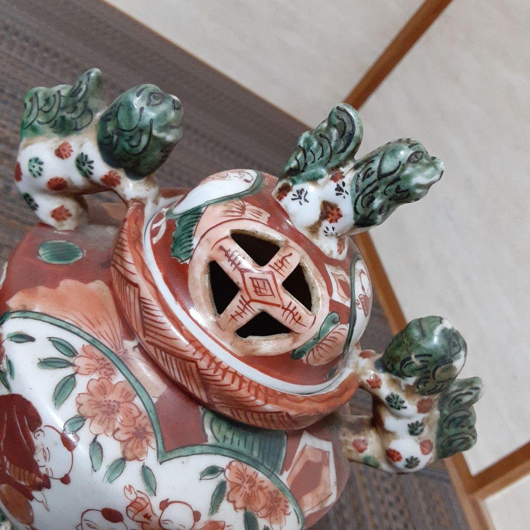 古い伊万里赤絵九谷焼香炉/江戸唐子狛犬薩摩十字角福小槌三足耳付/瓔珞緑釉窓絵箱入