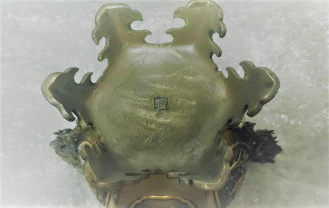 新品 香炉 一乗 銘 桐箱付き 銅錫製? 双竜 龍 伝統金属工芸品 風水 レア