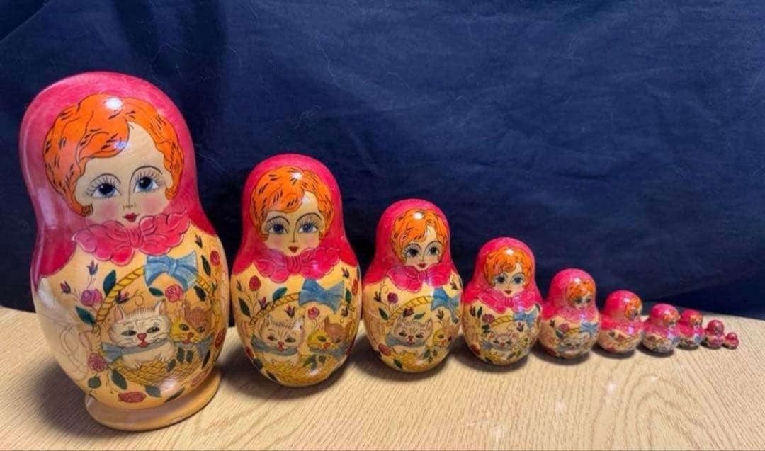 ヴィンテージ ロシア　デザイナーズ　猫と女の子マトリョーシカ　長期保存