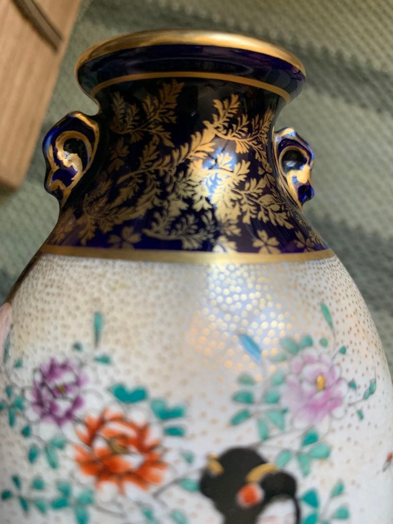 明治時代 薩摩焼「美人図小花瓶」楠部銘 箱付 花瓶 古玩 色絵 花器 古美術