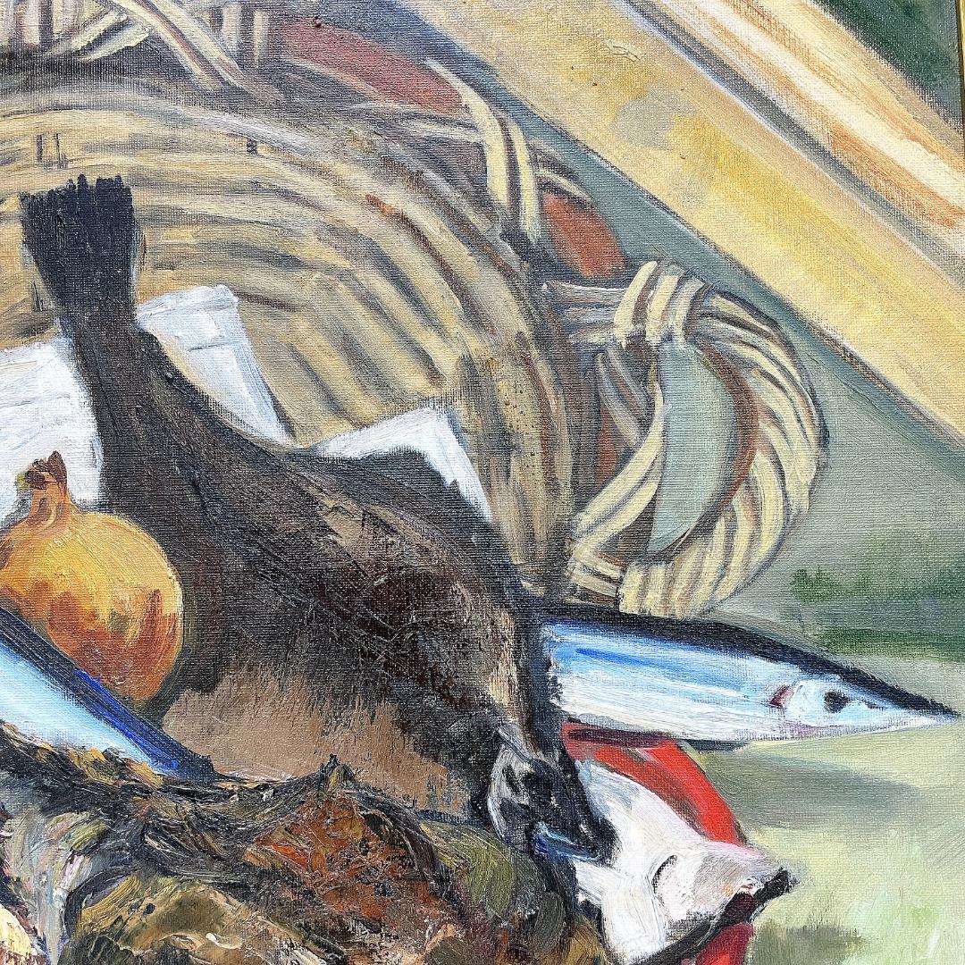 真作保証 河合キヨ子『アンコウのいる静物（不明）』直筆サイン入り 肉筆 油彩画
