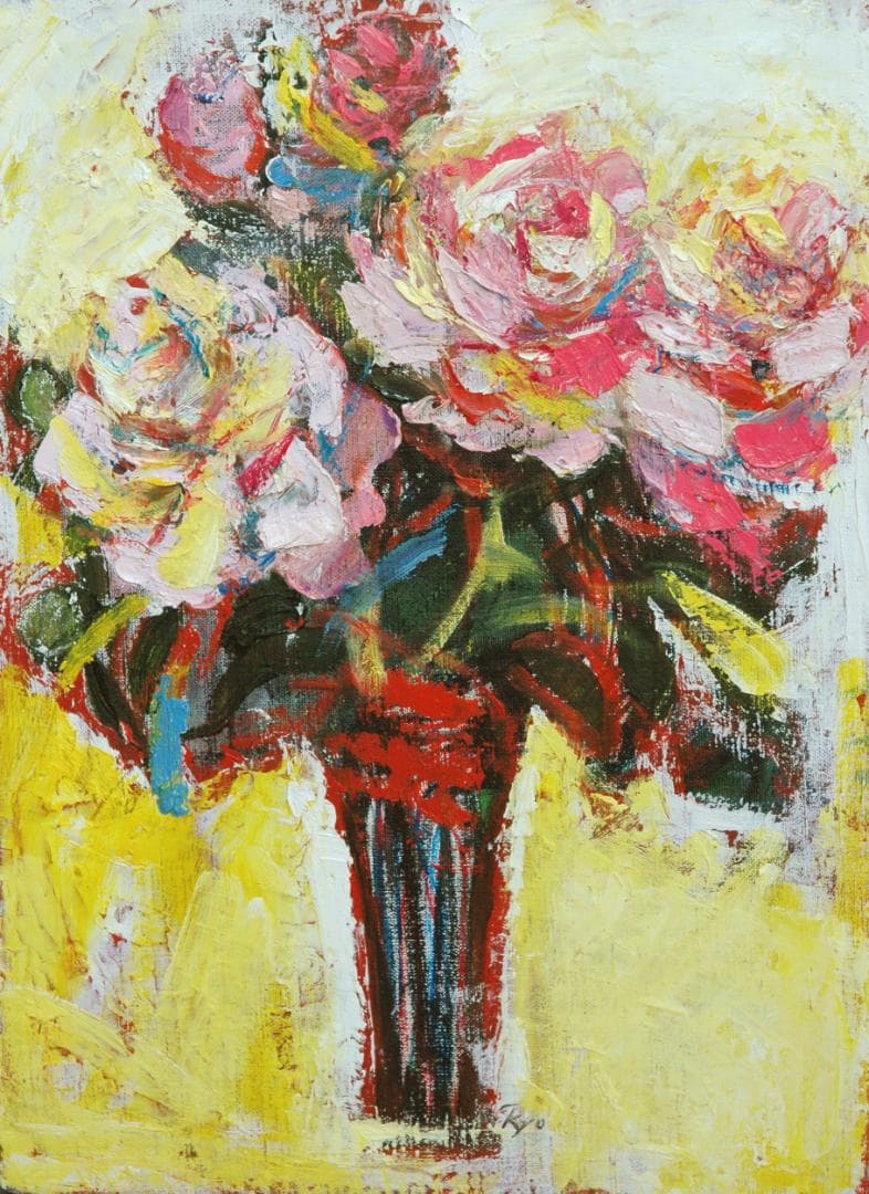 油絵 菅家令子 絵 絵画 インテリア 額付(銀) F4-070202 花 ばら