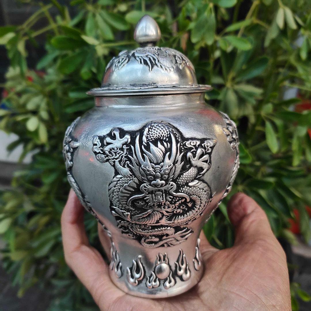 銅 細 工レリーフ龍鳳将軍缶 茶缶茶道具 工芸品 美術品 置物