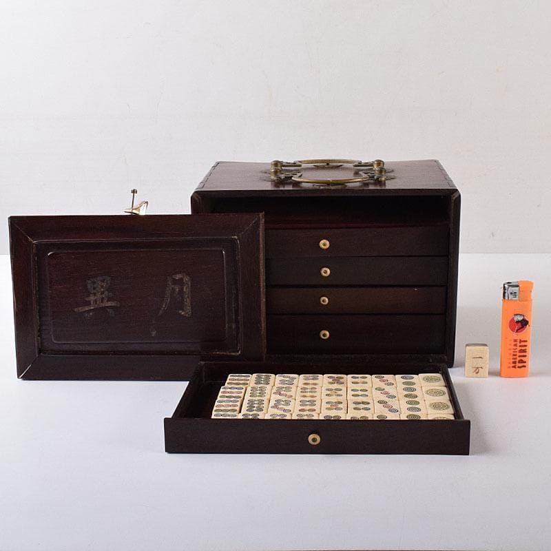 中国　竹嵌　骨牌　背竹牌　麻雀牌　唐木箱付　M　8054
