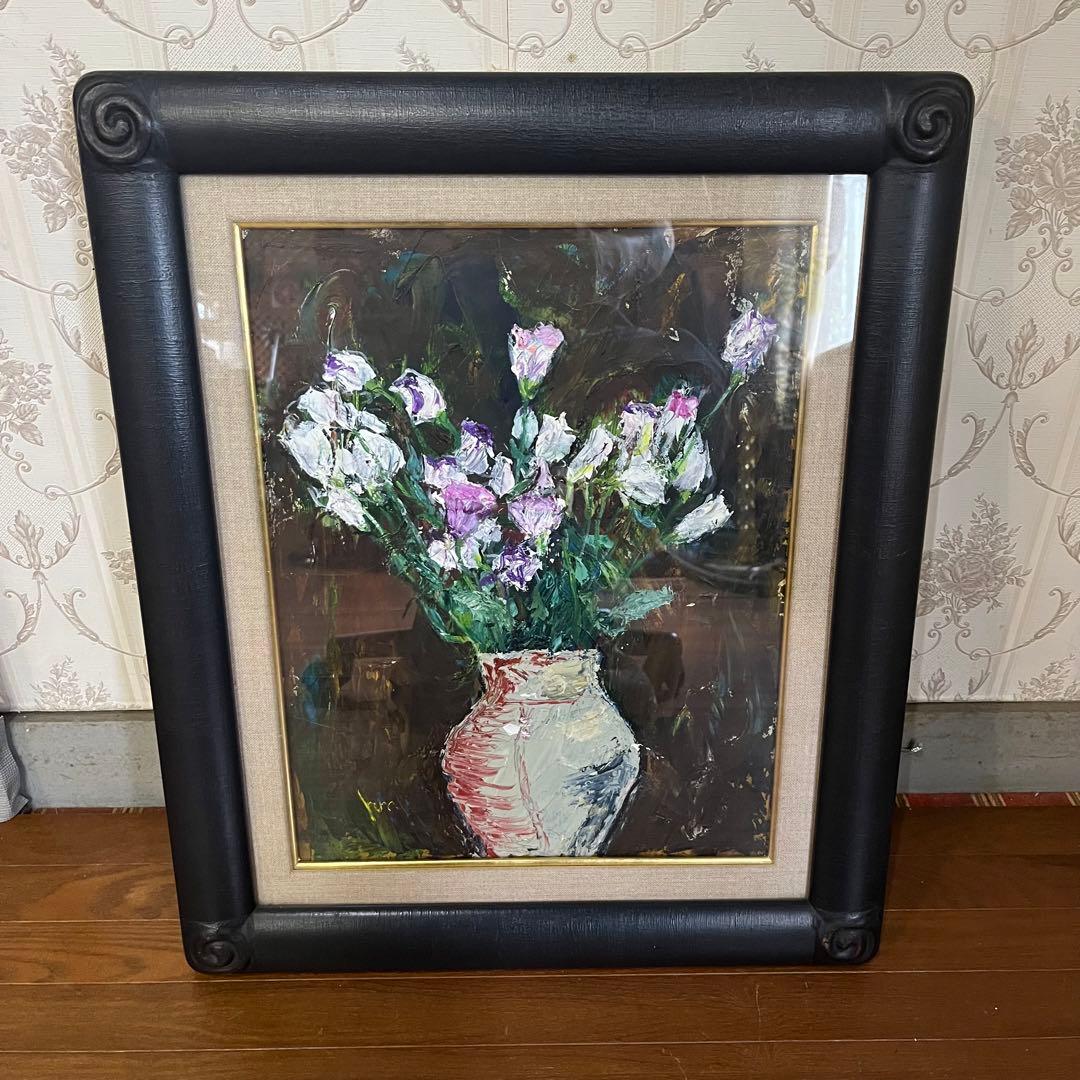 【アンティーク】額装 額縁 油絵 油彩 絵画 花瓶 花 静物画 インテリア雑貨