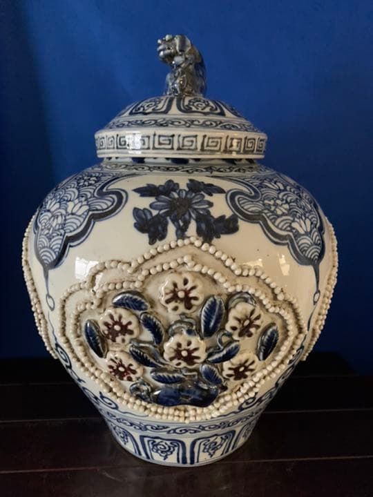 古美術　正元(254年十月-256年五月)時代物 /青花釉裏紅花卉文共蓋壺/在銘