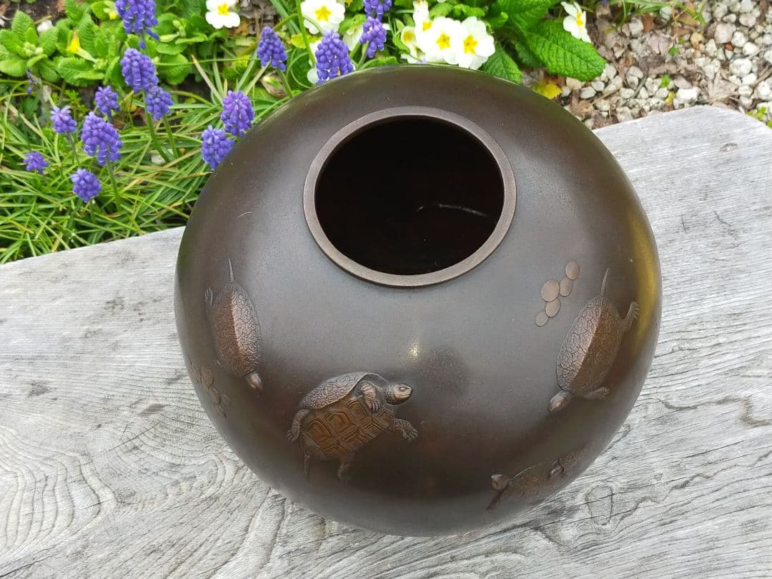 ♥高岡銅器　内免紫峰　銅製　亀之図　花器　花瓶　骨董品