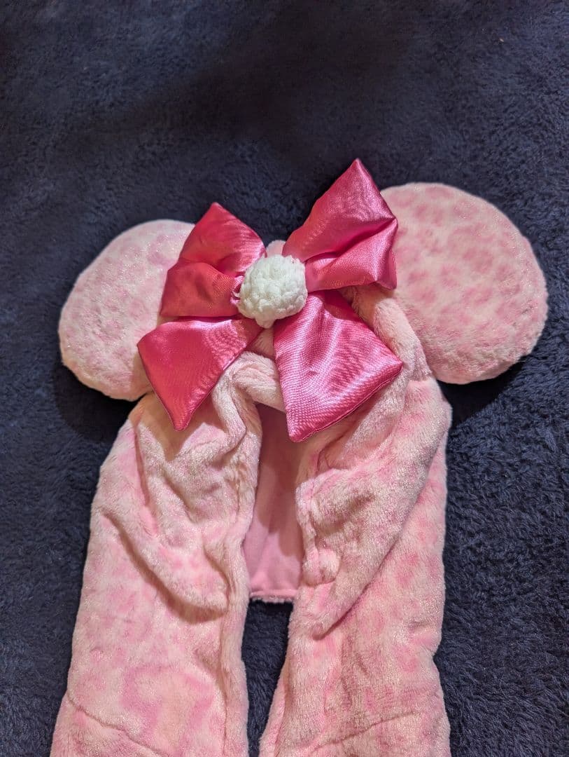 ディズニー　ミニー　マフラーキャップ　ファンキャップ　ピンクヒョウ柄