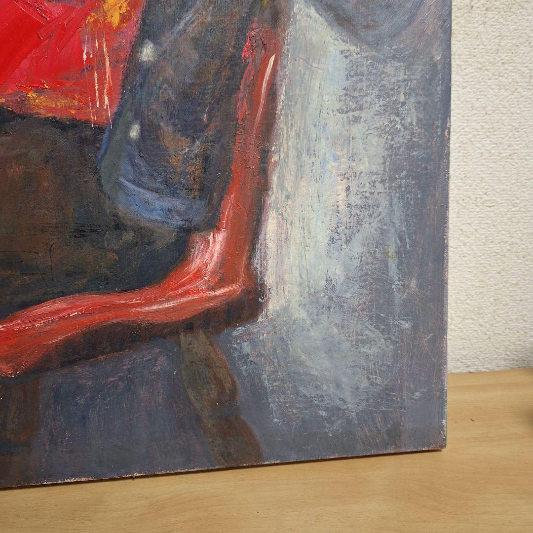 人物画　油絵　アンティーク　レトロ　赤のセーター　冬の記憶