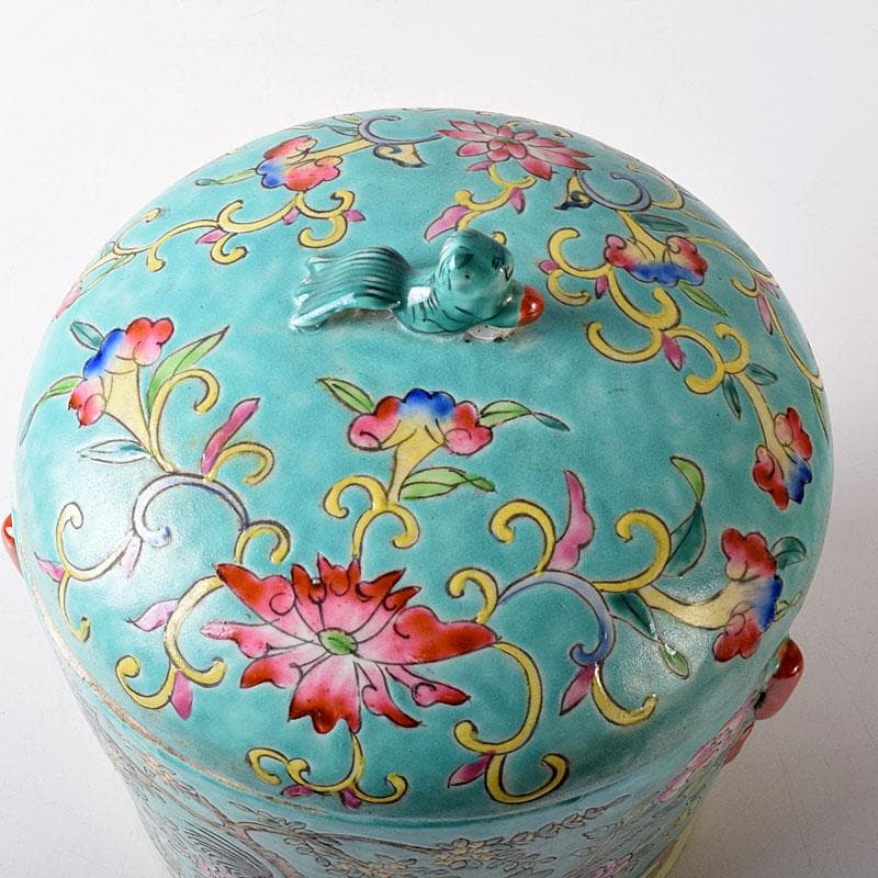 中国　粉彩　花鳥文　蓋付壺　時代箱　V　7753C