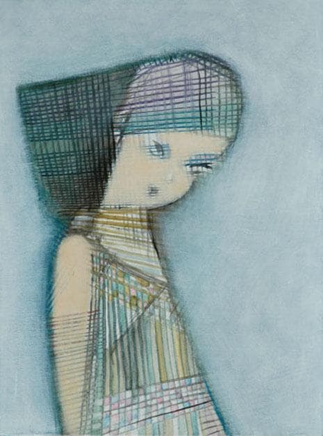 油絵 菅家令子 絵 絵画インテリア額付(青緑＋金色の枠) F4-071312女性