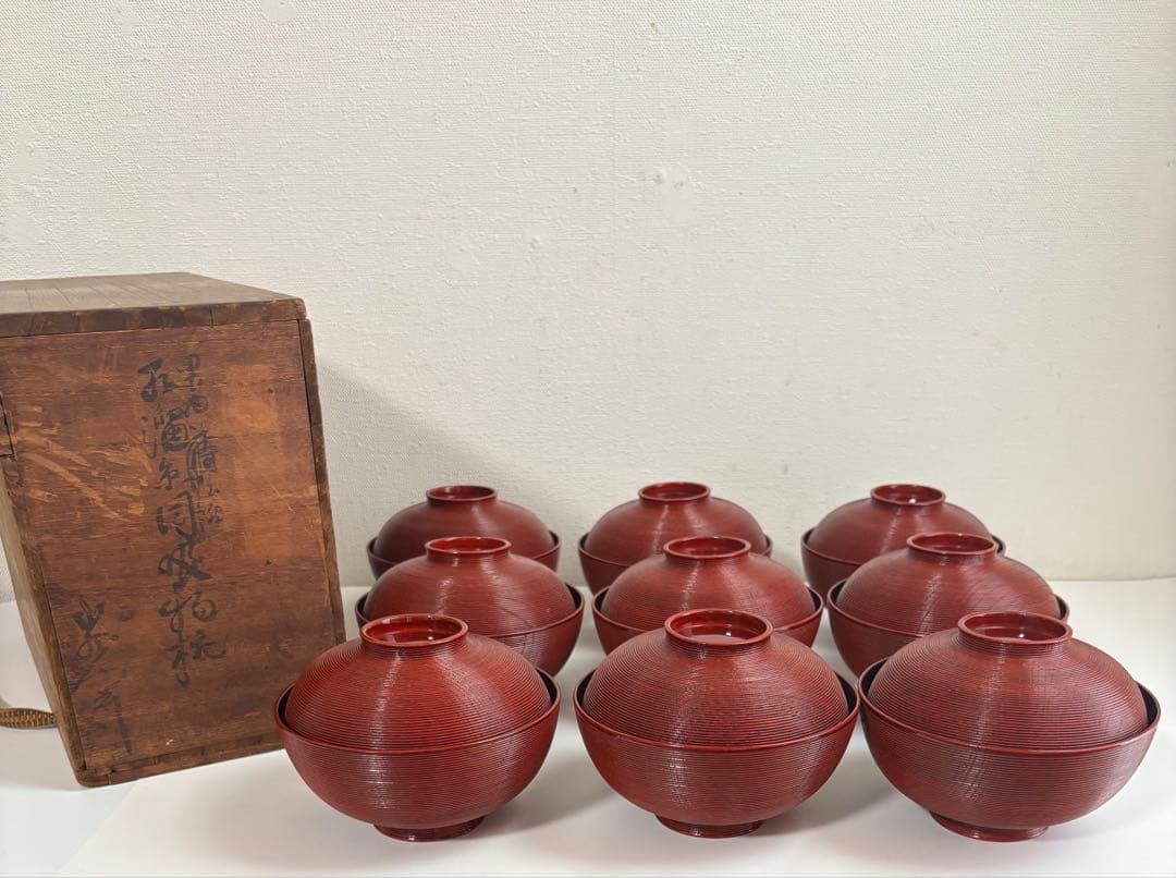 時代漆器　京都　蒔絵師　長野横笛　吸物椀　絵替　9客　共箱