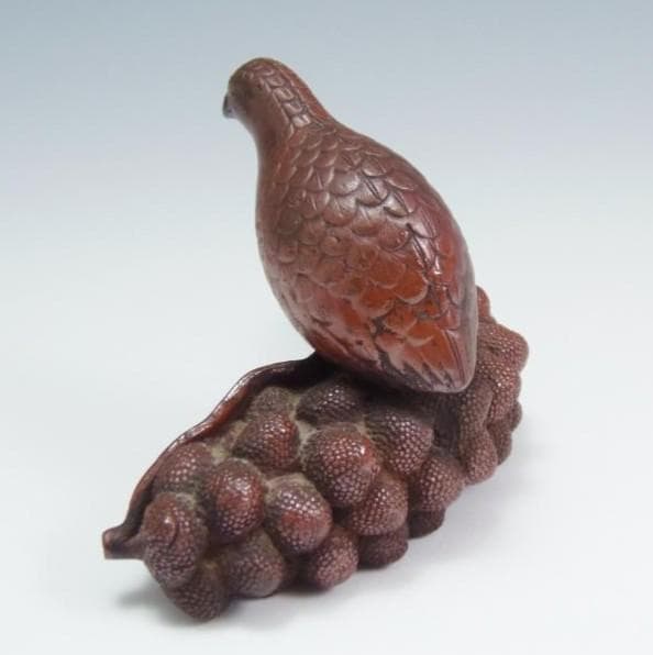 古備前 鳥 鶉 葡萄 松ぼっくり 和風 置物 細工物 骨董品 備前焼