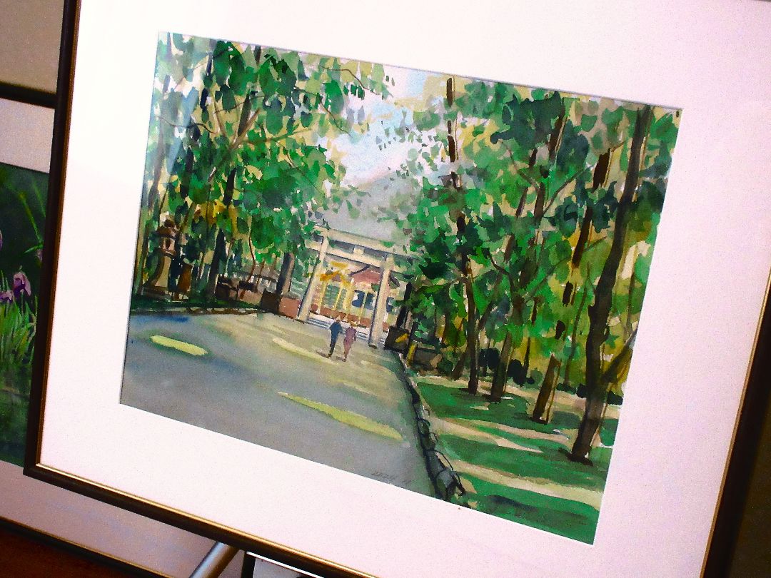 水彩画 (比木神社) 額装済み