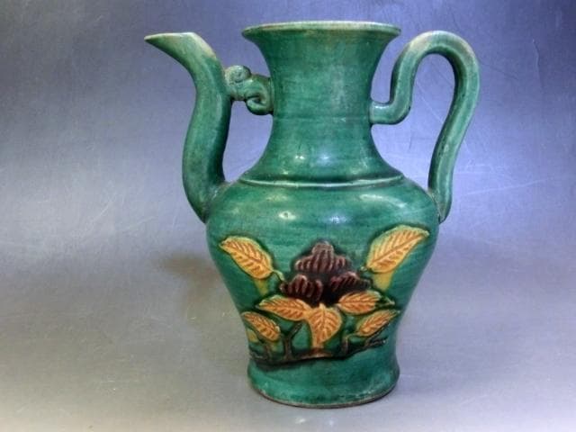 水差し■緑釉水注 水瓶 花唐草 中国 お茶道具 古玩 唐物 時代物 骨董品■