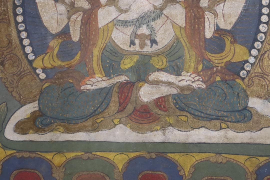 仏教美術 チベットタンカ 四臂観音像 絹本彩色 肉筆 仏画 タンカ 額装