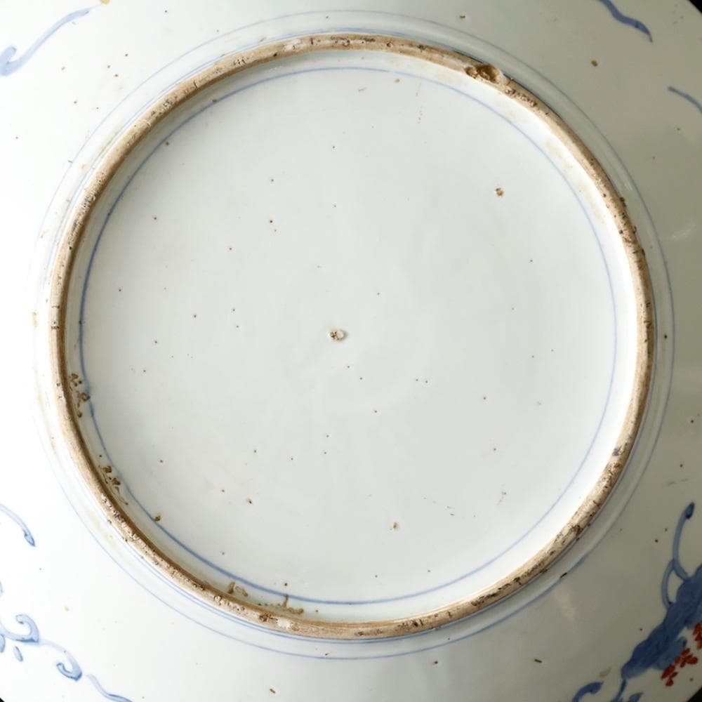 時代物 古伊万里 染錦手 見込に花 竹 松下賢人図 色絵 尺寸大皿 直径40㎝
